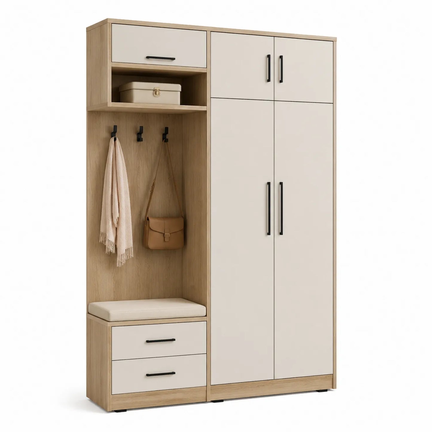 Szafa garderoba 180 x 200 x 50 cm MDF beżowa prostokątna z siedziskiem haczyki i drzwi czarne uchwyty