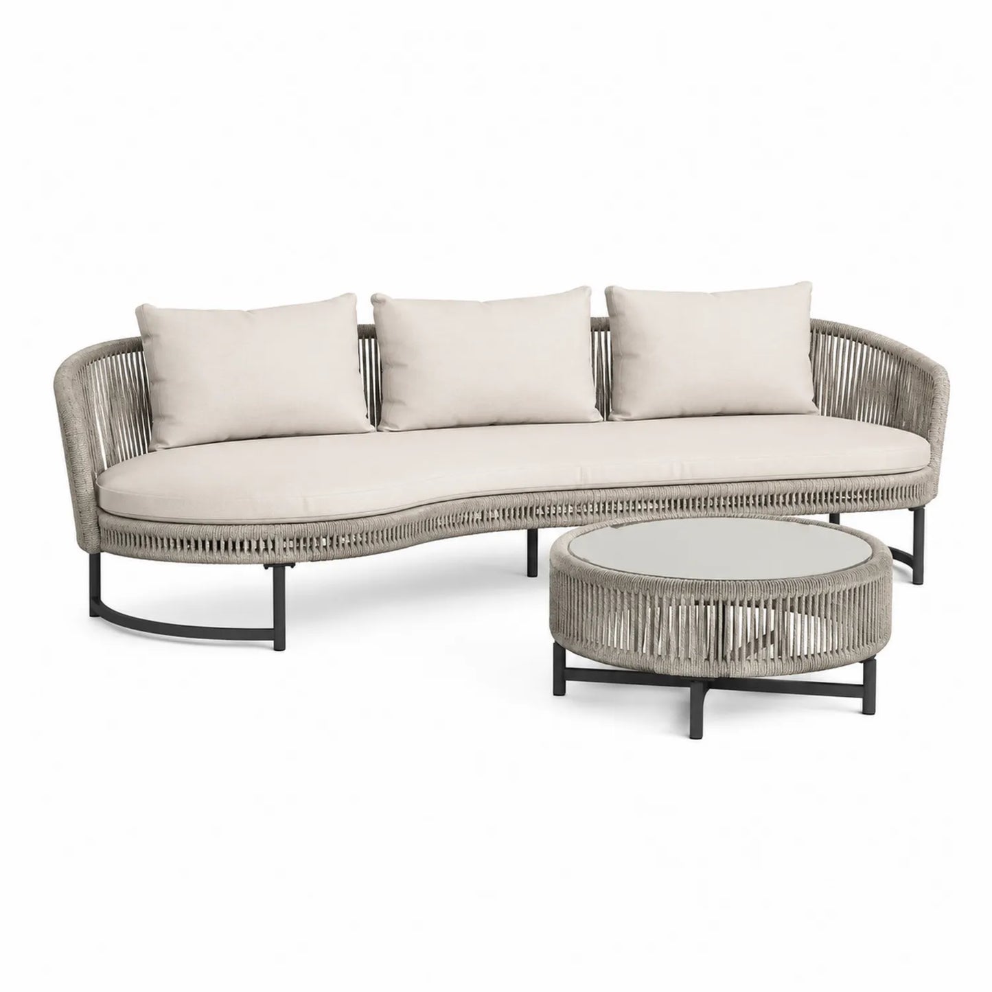 Zestaw mebli ogrodowych sofa 3-osobowa 220 cm z technorattanu i aluminium z okrągłym stolikiem szklanym beżowo szary czarny