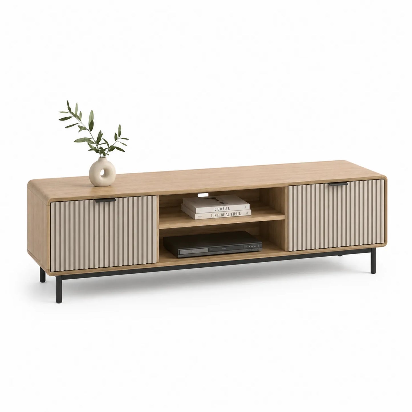Szafka RTV 160 cm x 40 cm x 50 cm MDF dąb naturalny beżowe ryflowane fronty czarne metalowe nogi prostokątna