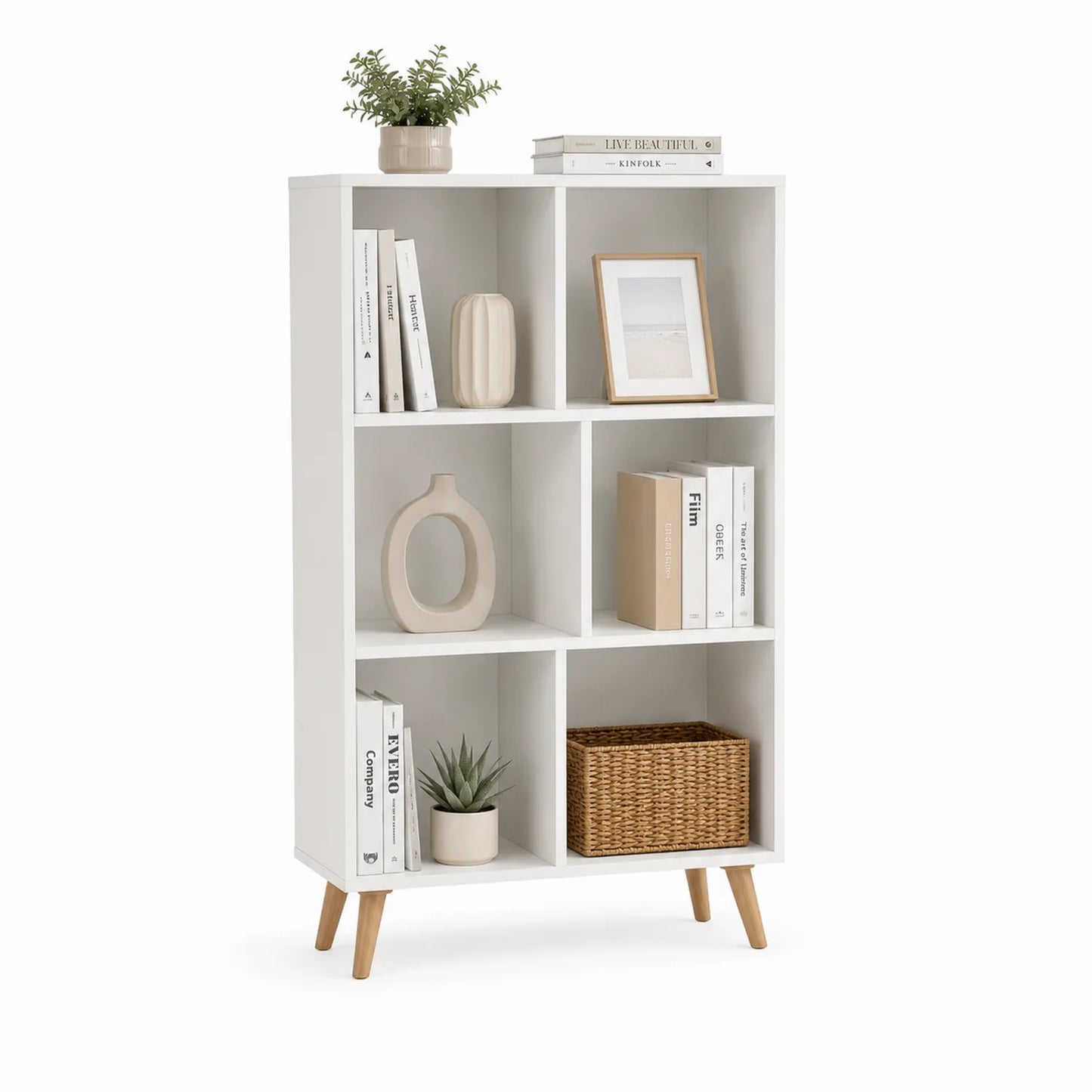 Regał stojący 80 cm x 30 cm x 120 cm MDF biały drewniane nogi 6 przegród otwarty prostokątny
