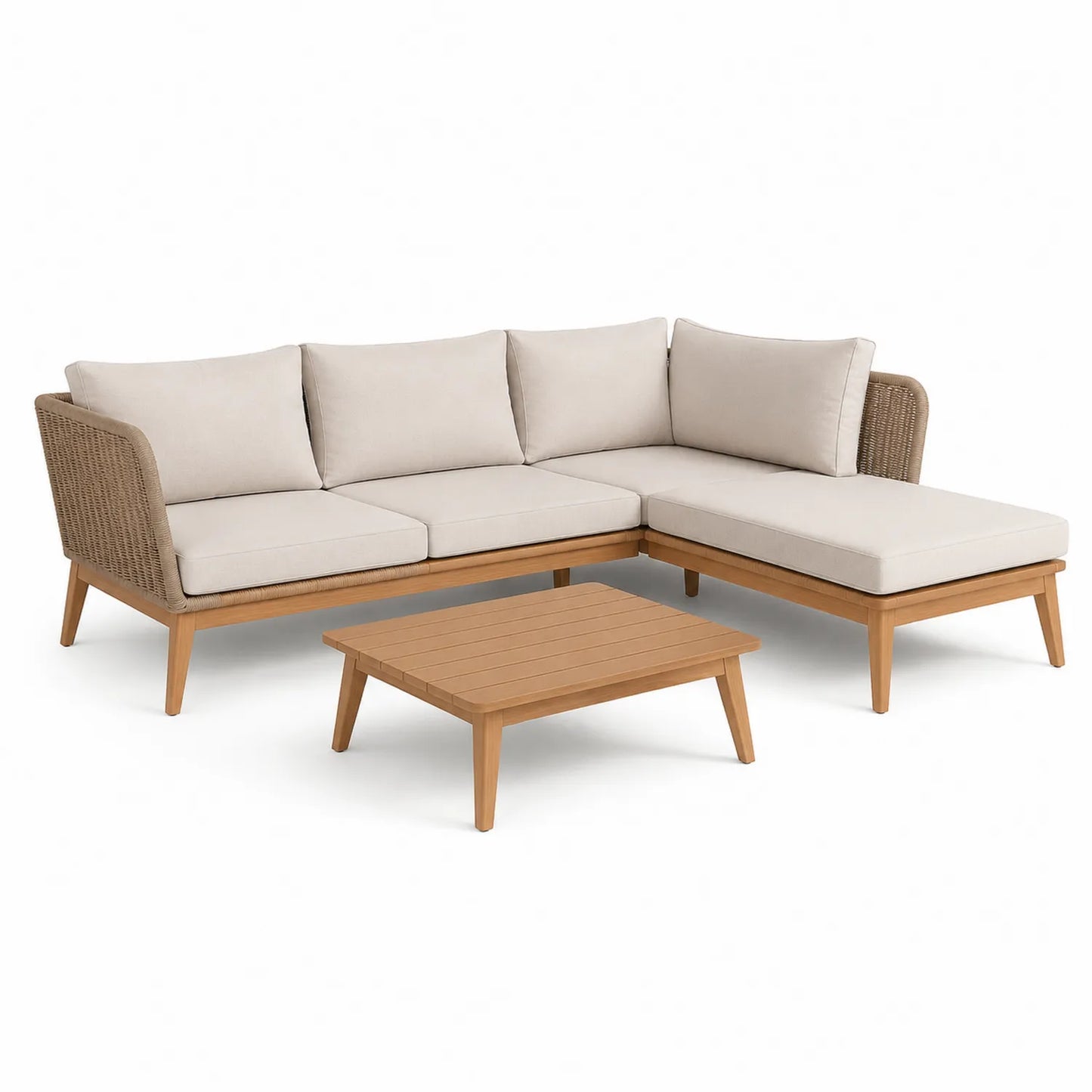 Zestaw mebli ogrodowych sofa narożna L z leżanką i stolikiem kawowym 240 x 180 x 75 cm drewno naturalne beżowe poduszki