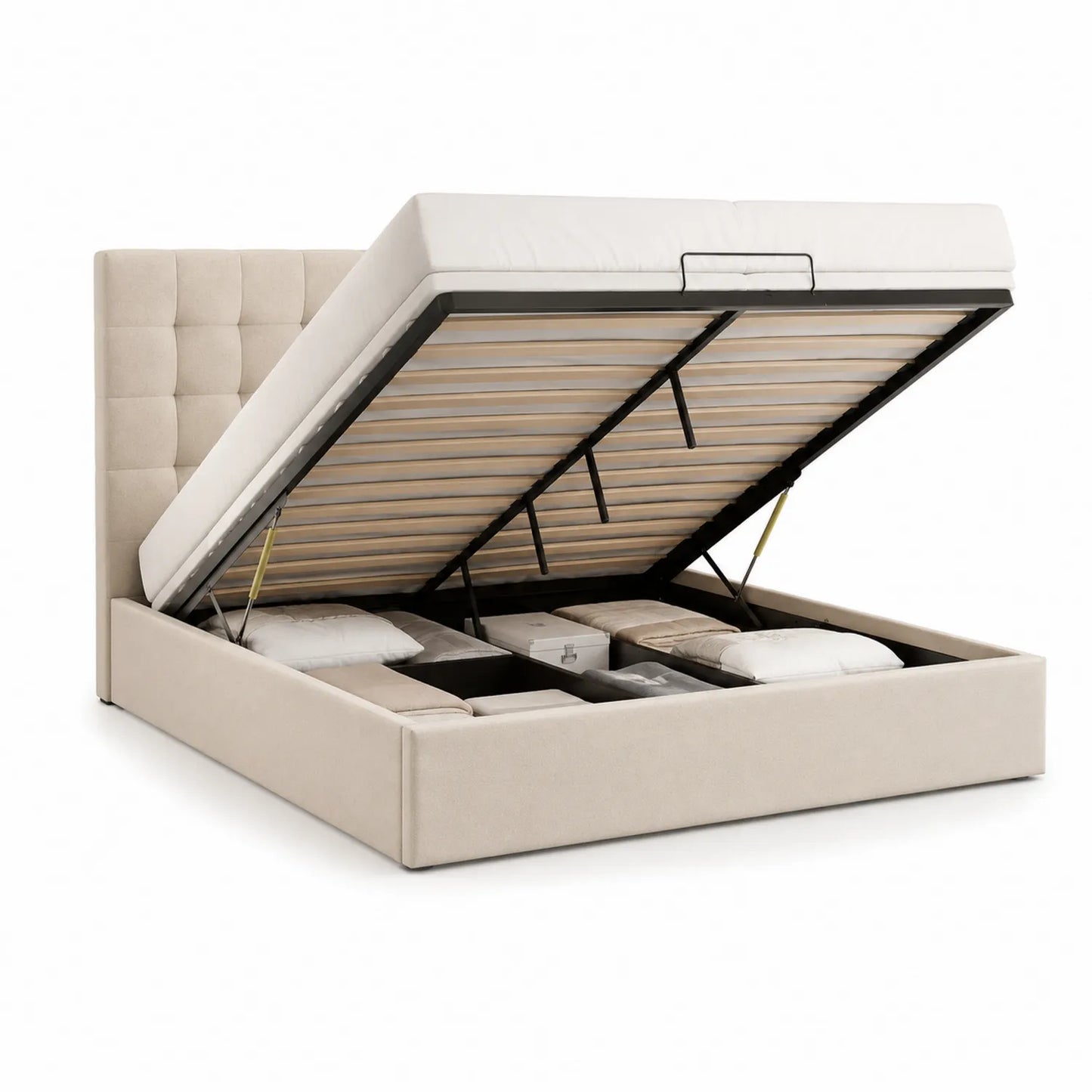 Łóżko tapicerowane prostokątne z pojemnikiem i podnoszonym stelażem tkanina poliestrowa beżowe 160 x 200 cm
