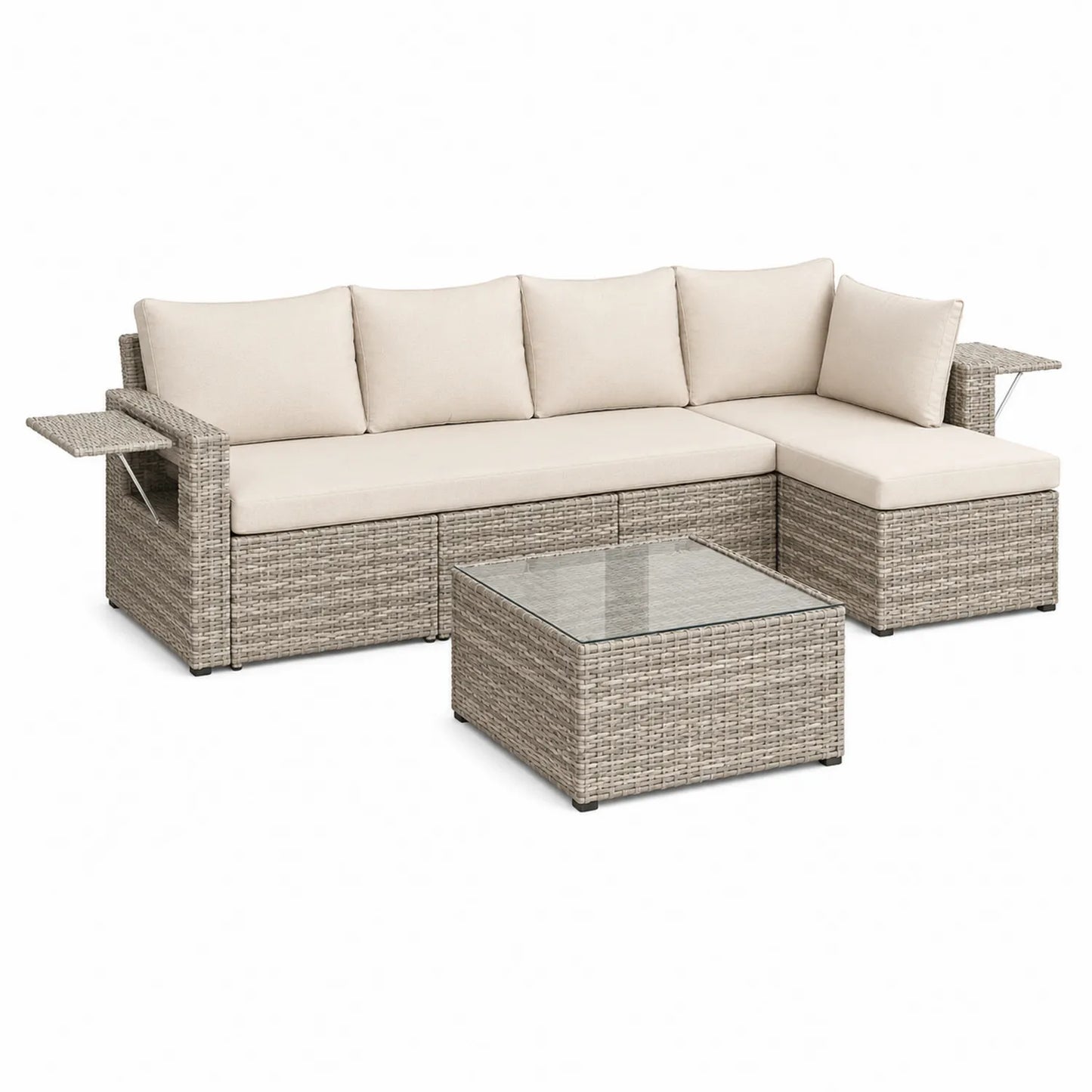 Zestaw mebli ogrodowych narożna sofa L technorattan 220 cm szary beżowy aluminium rattan PE stolik szklany 70x70x35 cm wysuwane stoliki boczne