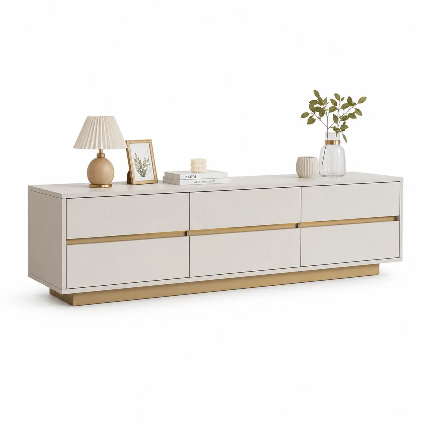 Szafka RTV 180 cm x 40 cm x 50 cm MDF biały dąb złote detale 6 szuflad prostokątna