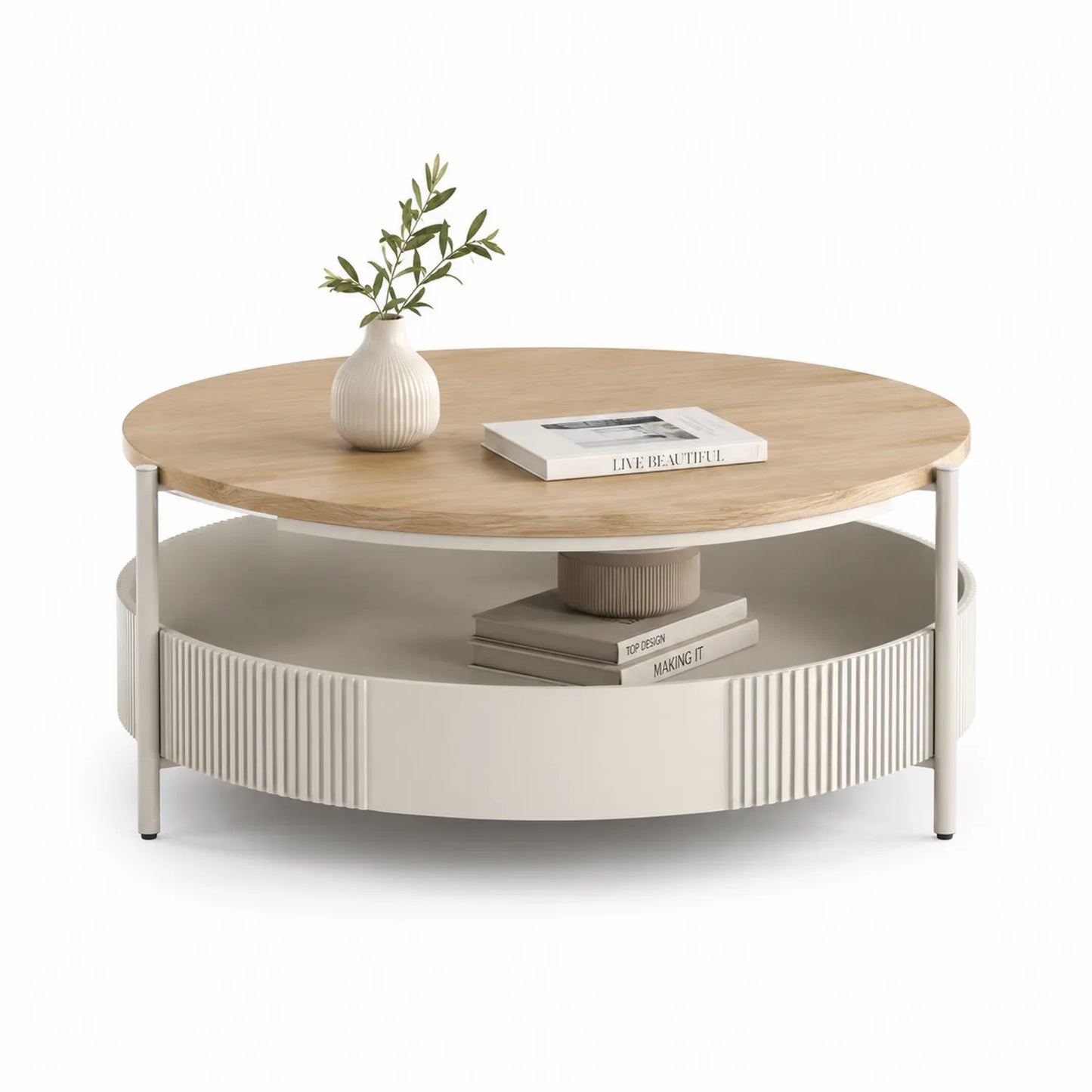 Stolik kawowy okrągły 80 x 80 x 45 cm z MDF dąb naturalny kremowy z dolną półką i ryflowaną podstawą
