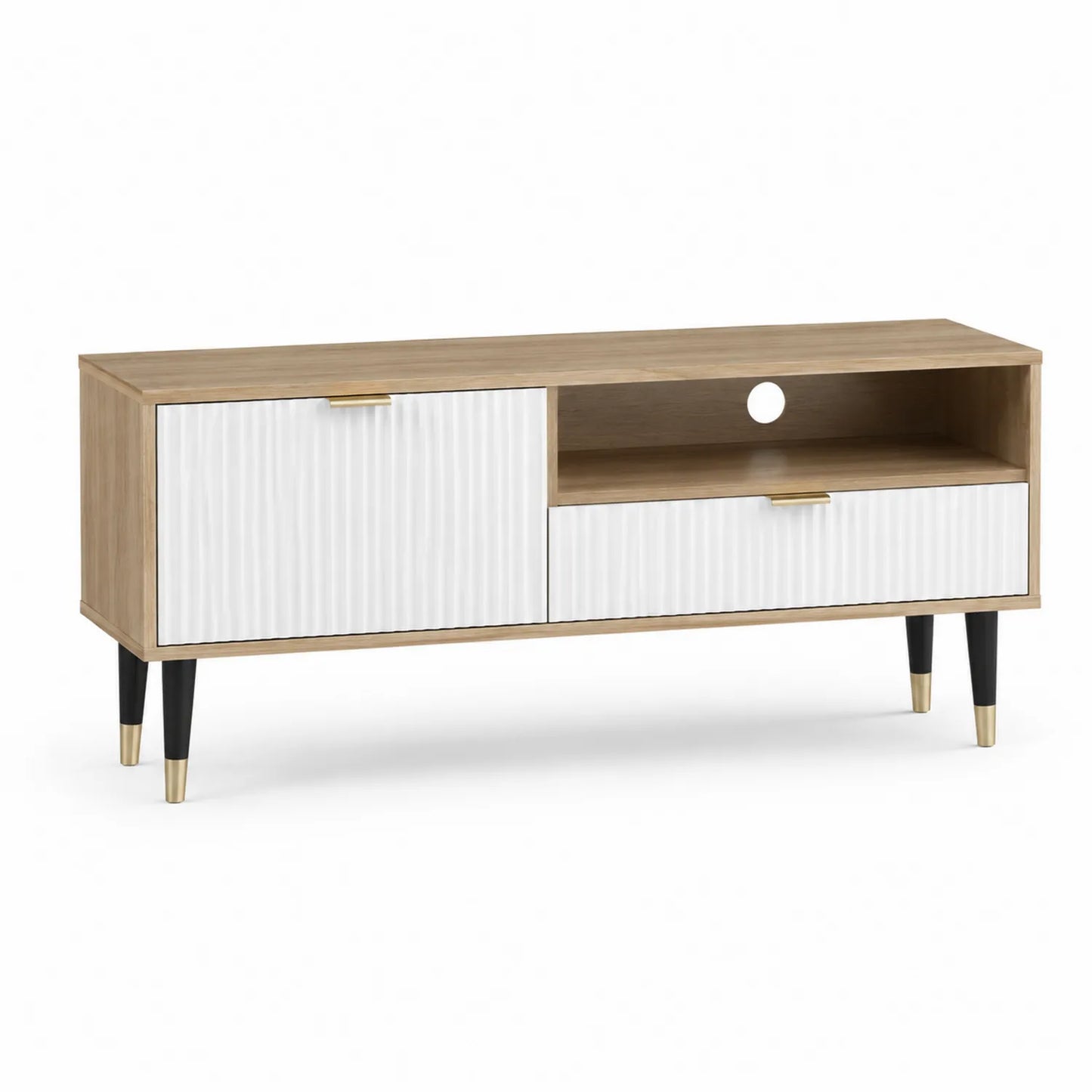 Szafka RTV 160 x 40 x 50 cm MDF laminowana dąb jasny biały ryflowane fronty otwarta półka prostokątna