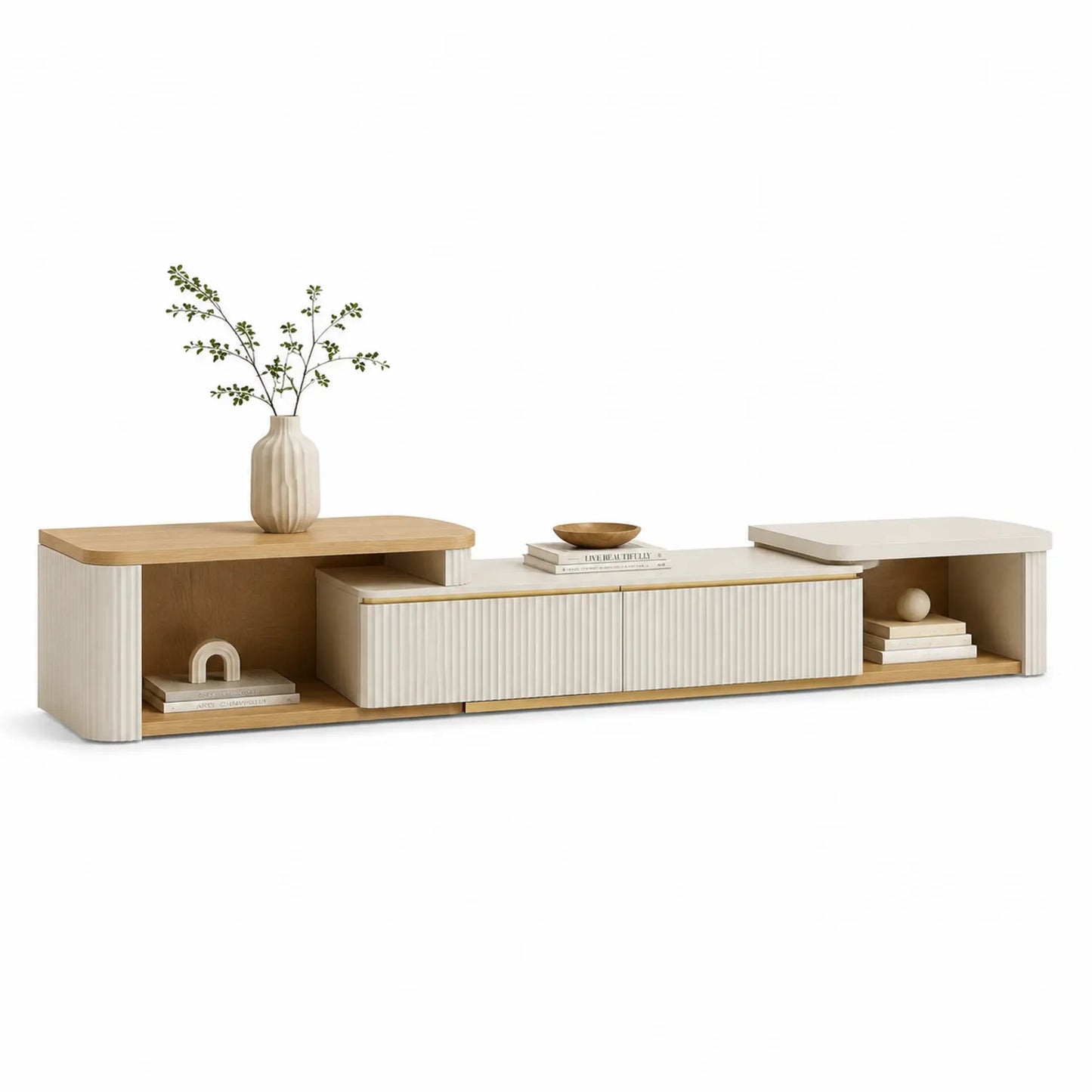Szafka RTV stojąca 220 x 40 x 55 cm z MDF dąb naturalny kremowe ryflowane fronty otwarte półki i złote detale