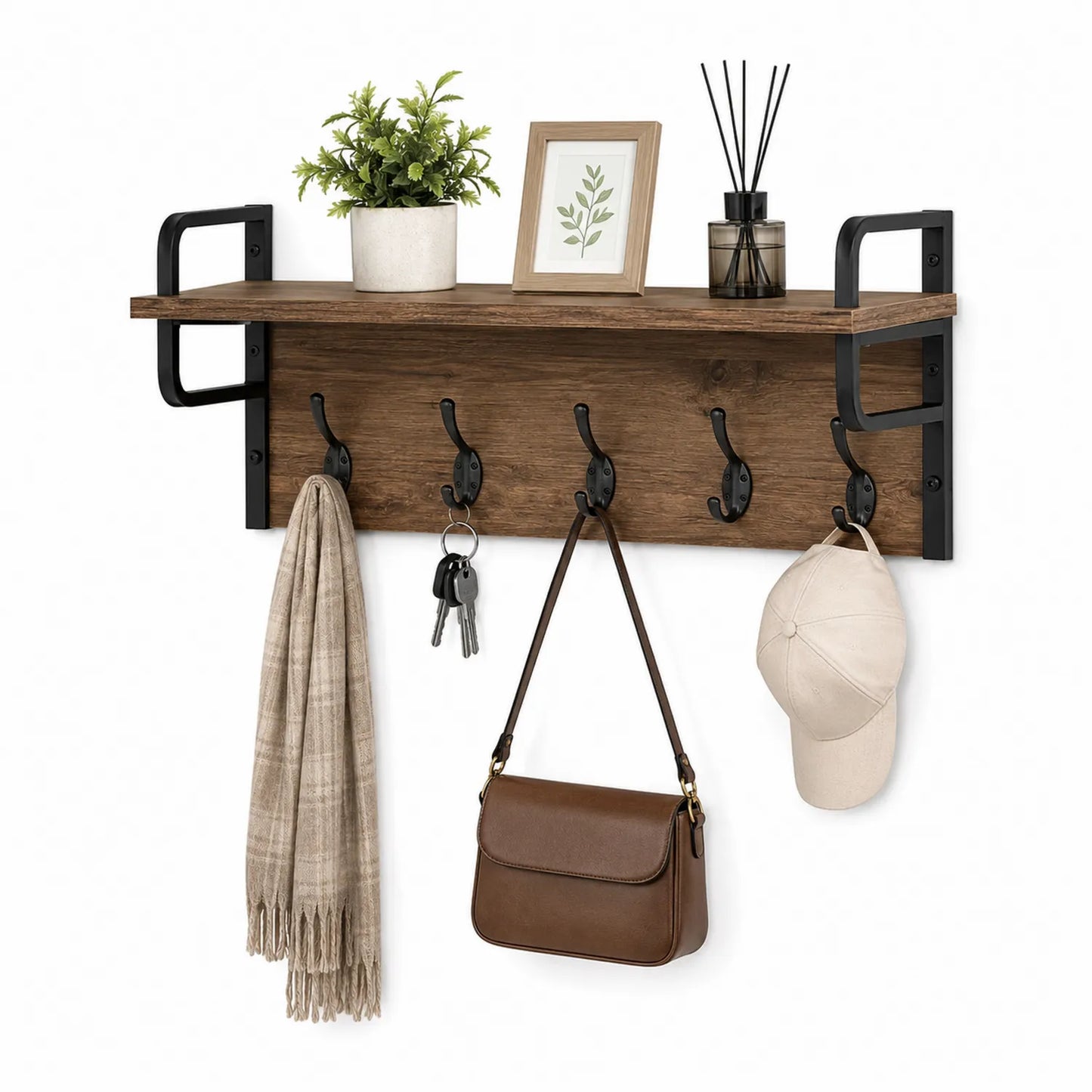 Półka ścienna prostokątna z 5 haczykami 80 x 22 x 32 cm MDF dekor dębu brązowa czarna metalowa rama