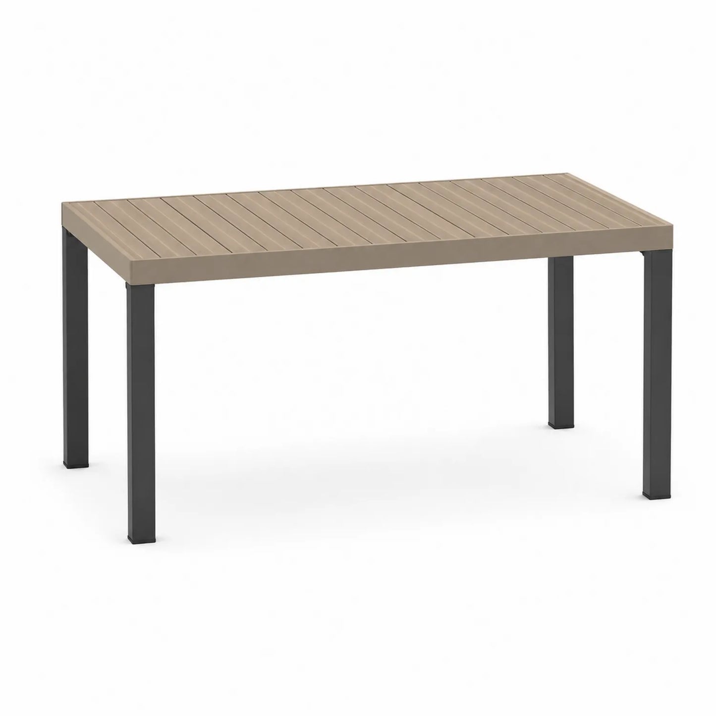 Stół ogrodowy prostokątny 160 x 90 x 75 cm aluminium beżowy listwowy blat czarne metalowe nogi