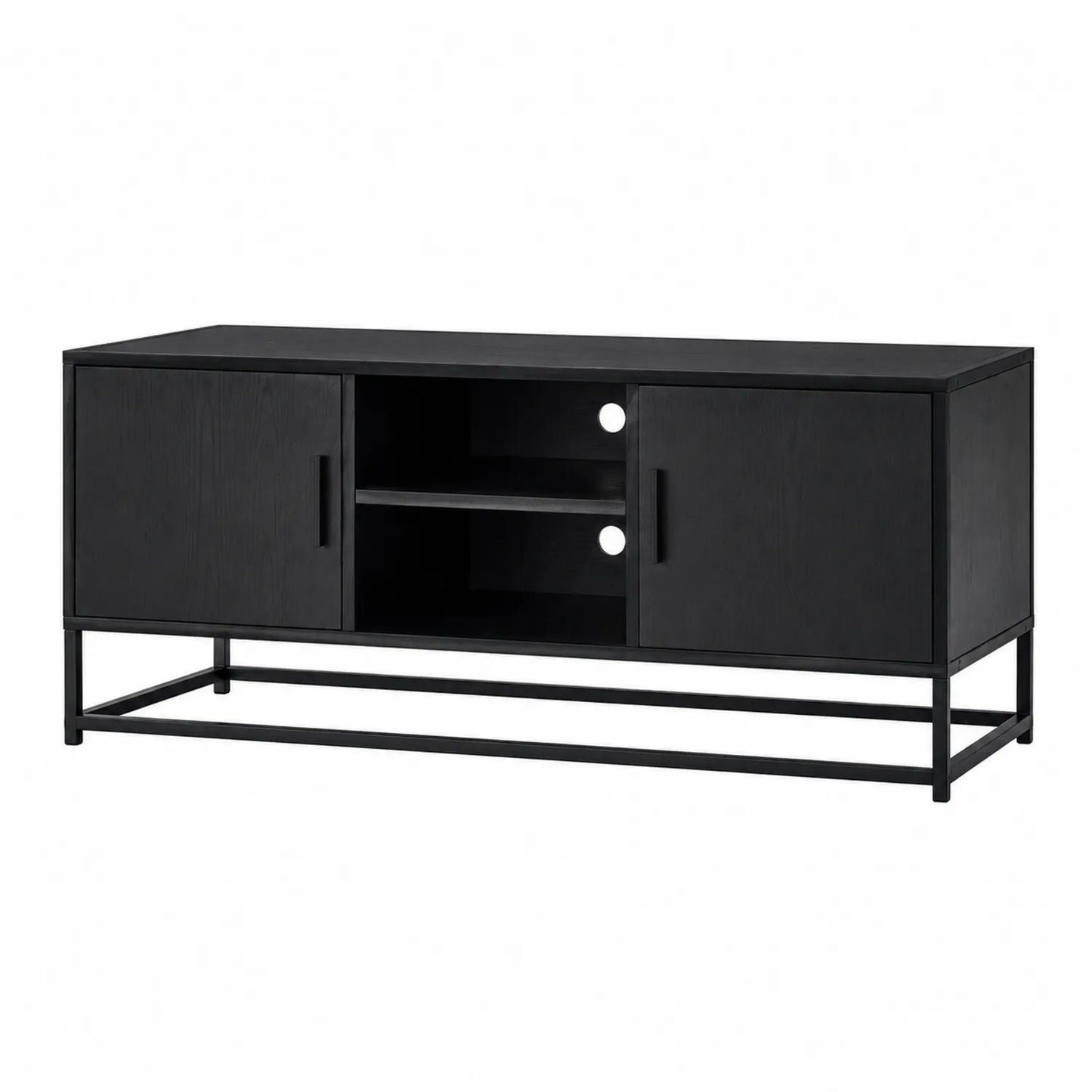 Szafka RTV prostokątna 180 x 40 x 50 cm z MDF czarna z 2 drzwiami metalową ramą i otwartą półką