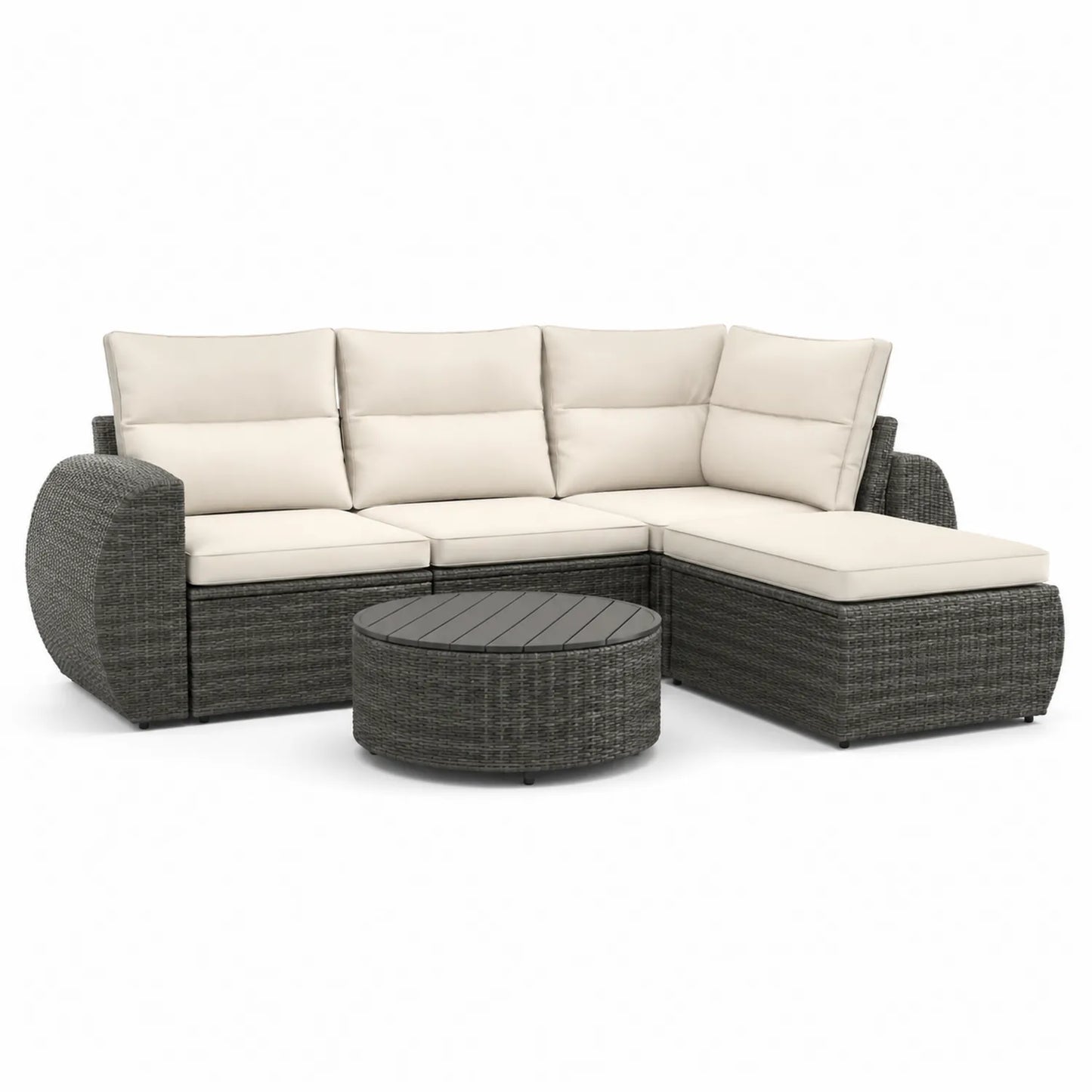 Zestaw mebli ogrodowych sofa narożna L 250 cm x 180 cm rattan PE aluminium ciemnoszary beżowy okrągły stolik 70 cm