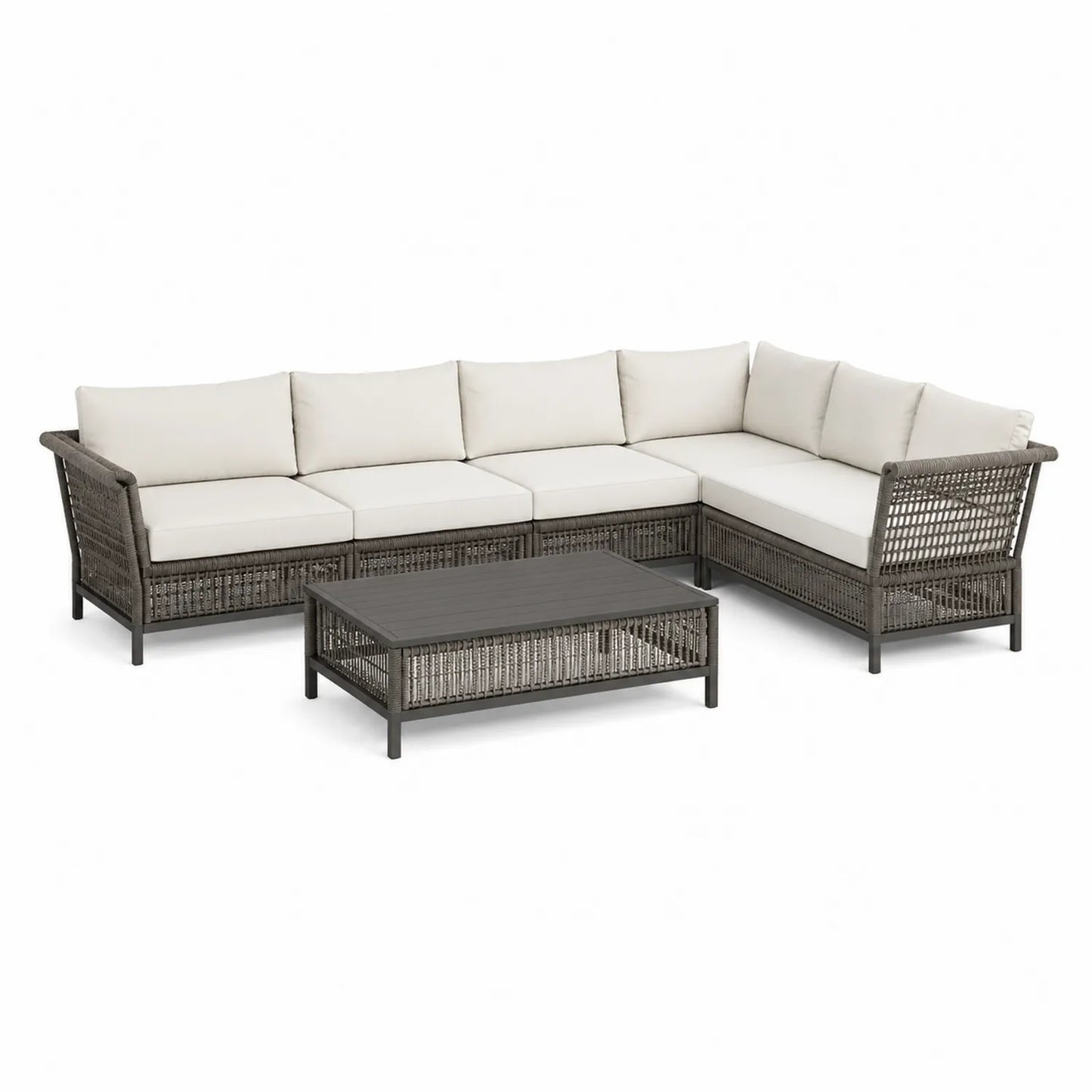 Zestaw mebli ogrodowych sofa narożna modułowa z rattan PE i stolikiem 220 x 160 x 75 cm szary beżowe poduszki
