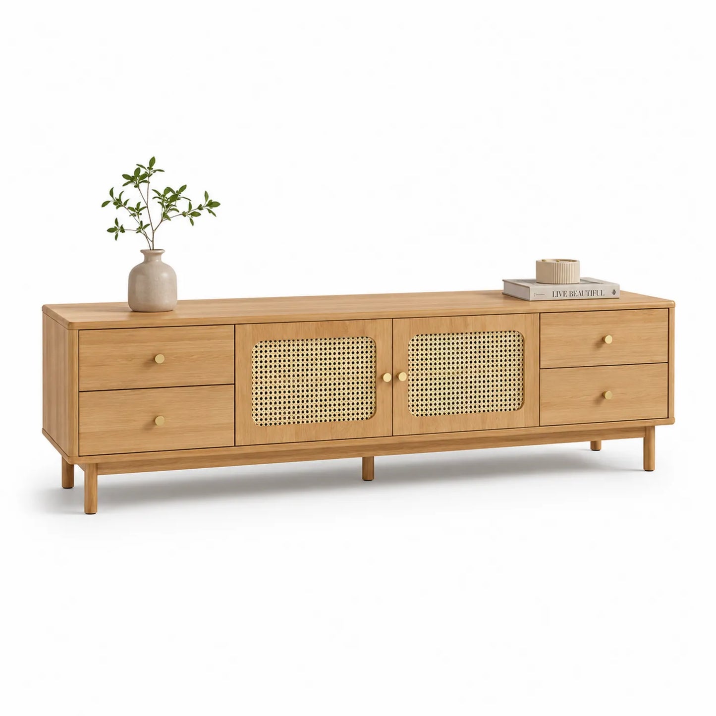 Szafka RTV 180 x 40 x 55 cm MDF dąb naturalny fronty rattanowe beżowe nogi drewniane złote uchwyty
