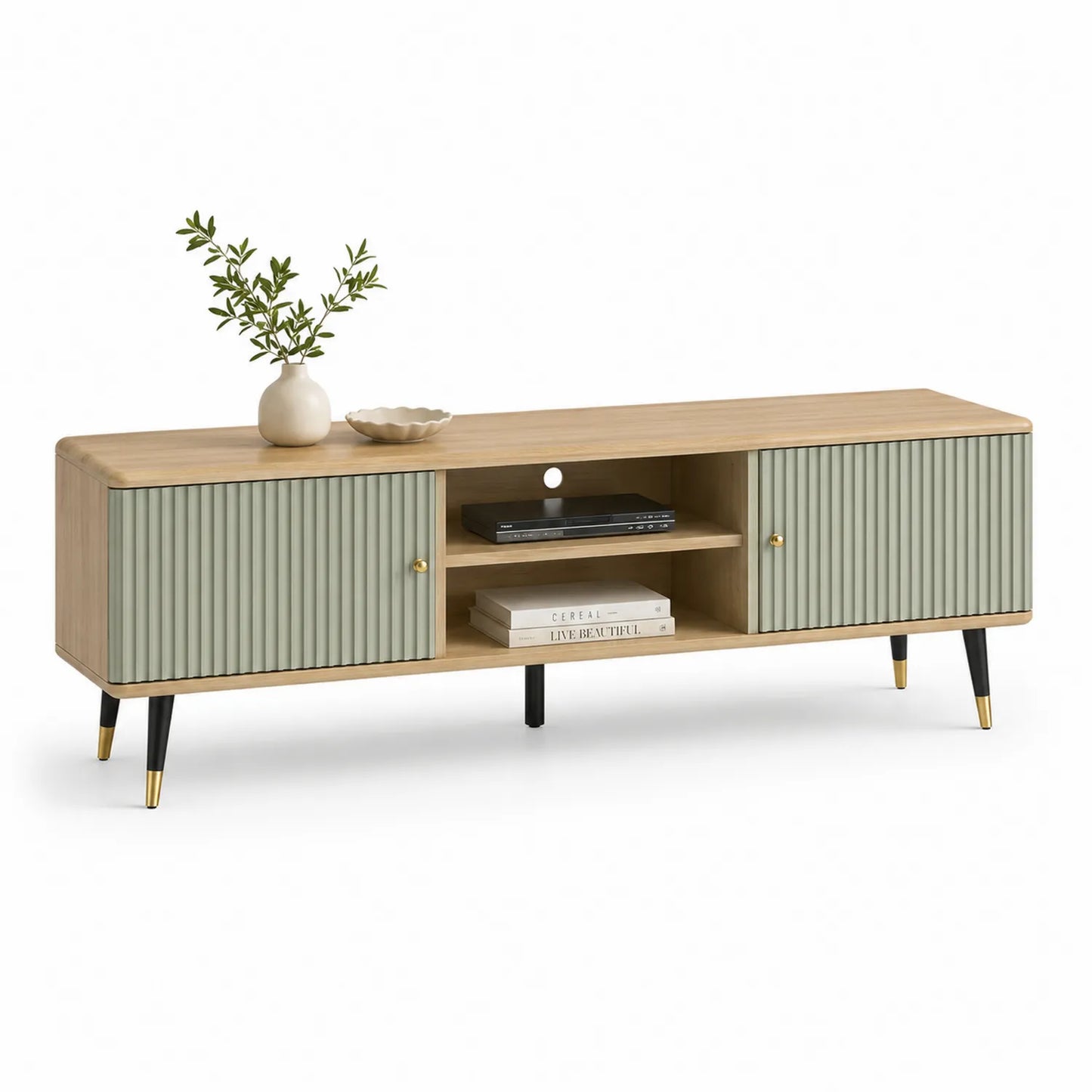 Szafka RTV stojąca 180 x 40 x 50 cm z MDF dąb naturalny szałwiowe ryflowane fronty czarne metalowe nogi