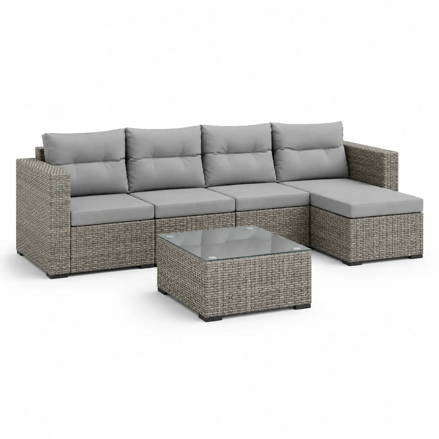 Zestaw mebli ogrodowych sofa narożna modułowa 240 x 180 x 70 cm z technorattanu ze stolikiem kwadratowym ze szklanym blatem szary jasnoszary