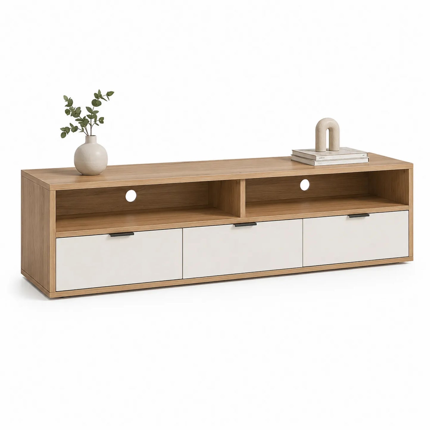 Szafka RTV 180 cm x 40 cm x 50 cm MDF laminowany beżowy dąb ryflowane fronty otwarte półki drzwi boczne