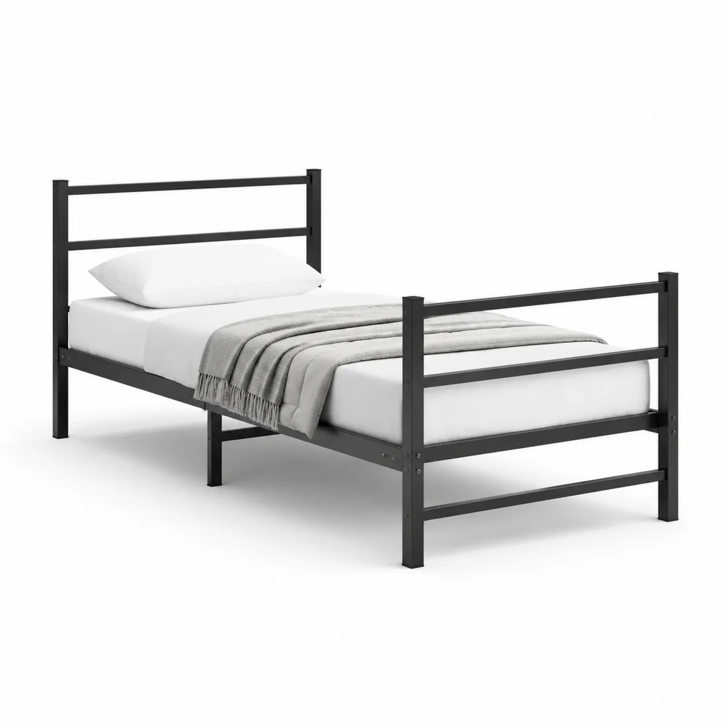 Łóżko metalowe 90 cm x 200 cm rama stalowa czarna z zagłówkiem i zanóżkiem listwowym