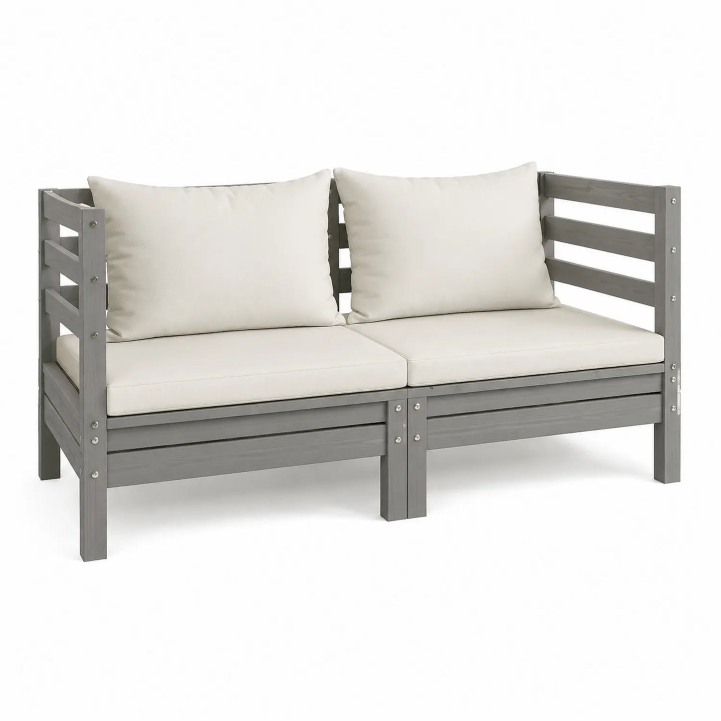 Sofa ogrodowa dwuosobowa drewniana sosnowa szara z beżowymi poduszkami 140 cm 70 cm 70 cm