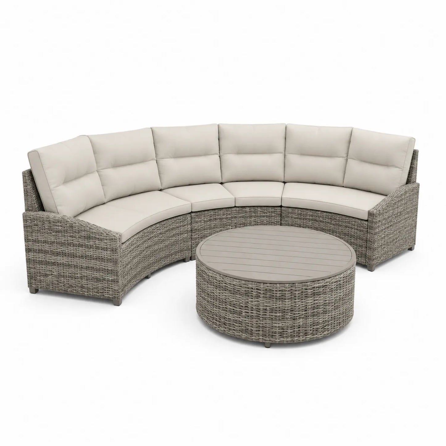 Zestaw mebli ogrodowych sofa modułowa półokrągła rattan PE z okrągłym stolikiem beżowo szary