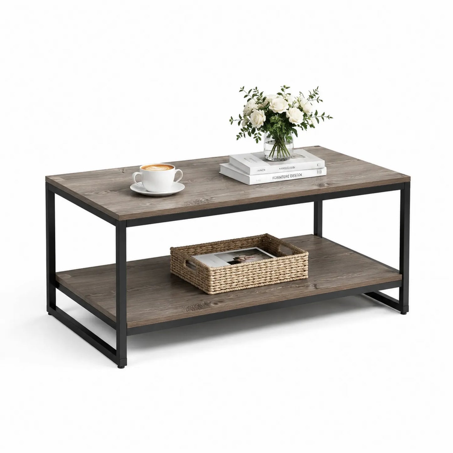 Stolik kawowy prostokątny 110 cm x 60 cm x 45 cm MDF dąb ciemny czarna metalowa rama z dolną półką