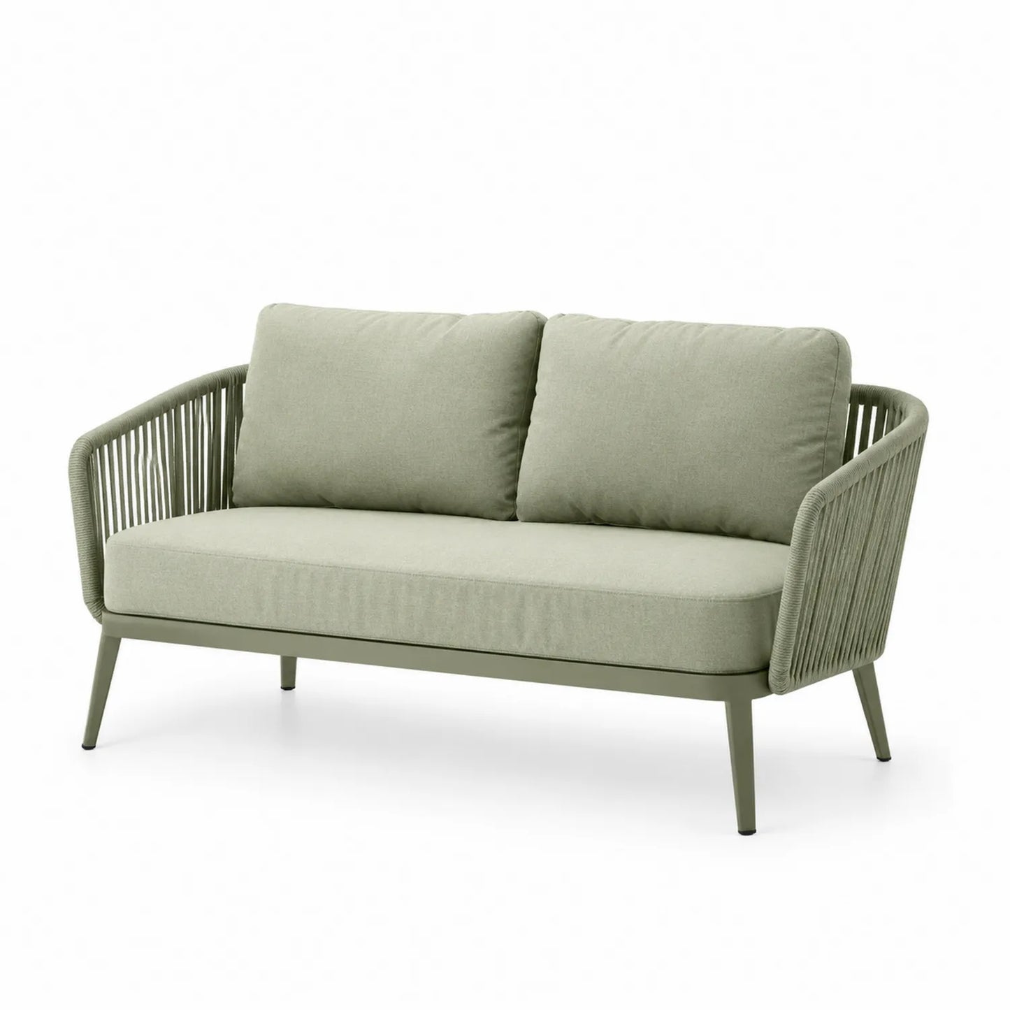 Sofa ogrodowa dwuosobowa lina pleciona stalowa konstrukcja rattan PE oliwkowa zieleń beżowe poduszki bez danych o wymiarach