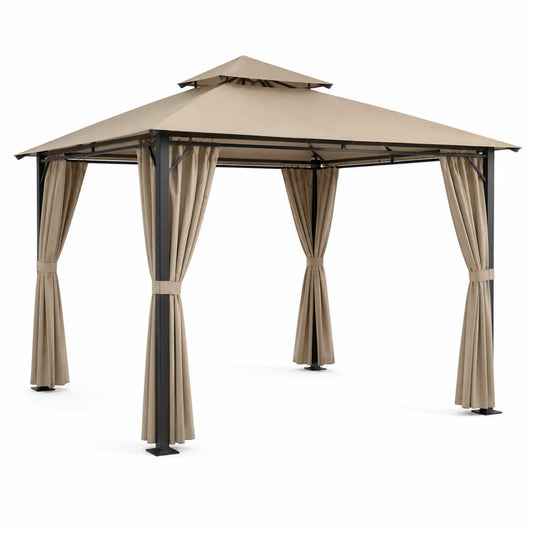 Altana ogrodowa pergola metalowa 300 cm 300 cm 250 cm beżowa stalowa z zasłonami