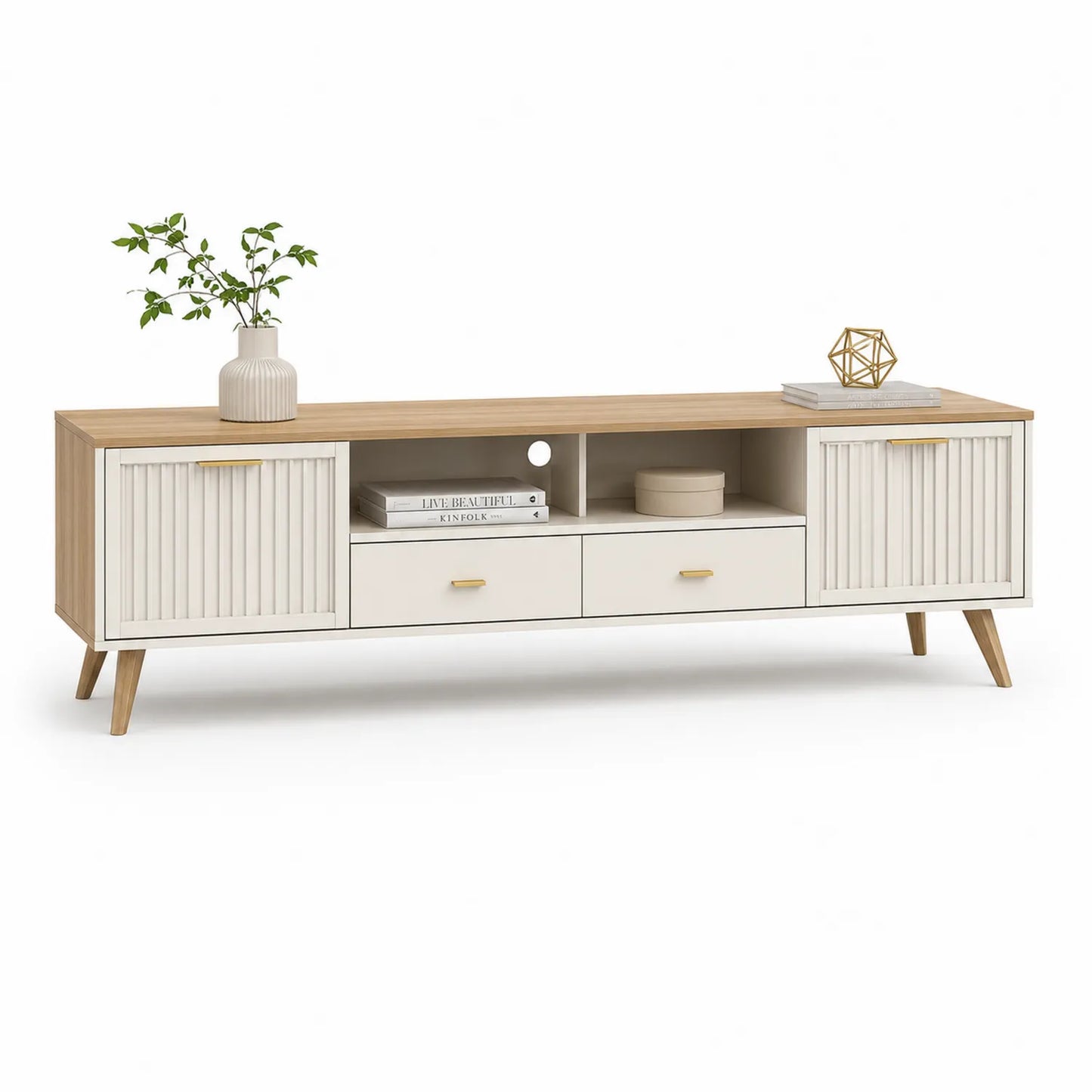Szafka RTV 180 cm x 40 cm x 55 cm MDF biały dąb złote uchwyty drewniane nogi prostokątna