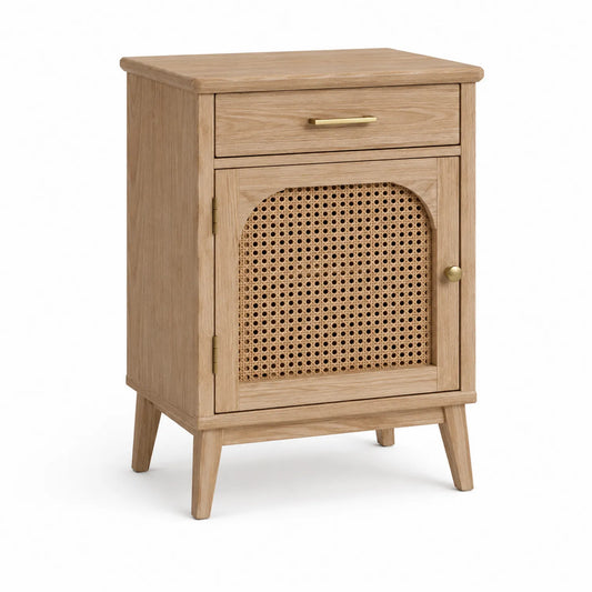 Szafka nocna MDF okleina dąb naturalny rattan naturalny szuflada drzwiczki 45 cm x 38 cm x 65 cm prostokątna złote uchwyty