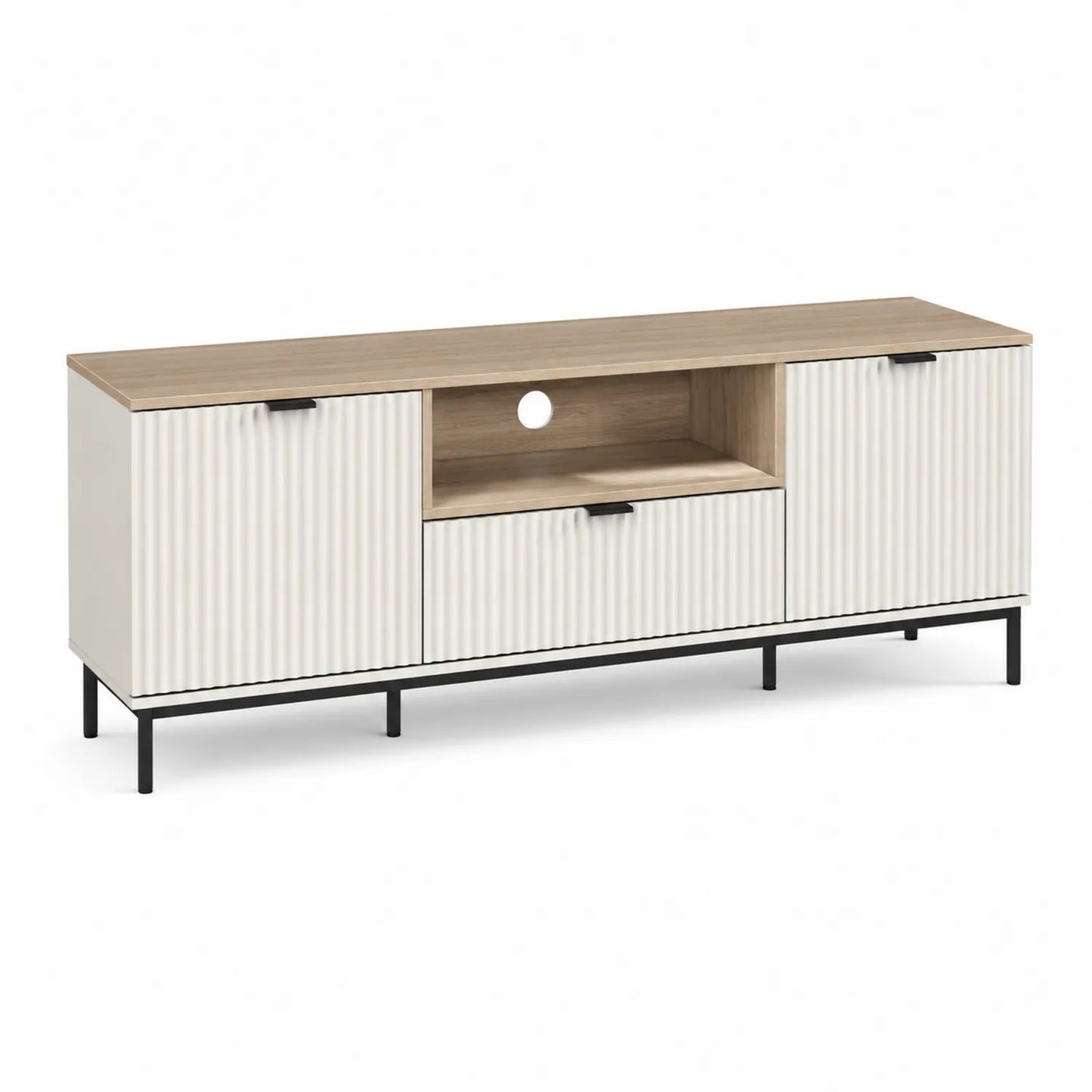 Szafka RTV stojąca 180 x 40 x 50 cm MDF biała ryflowane fronty blat dąb metalowe nogi czarne