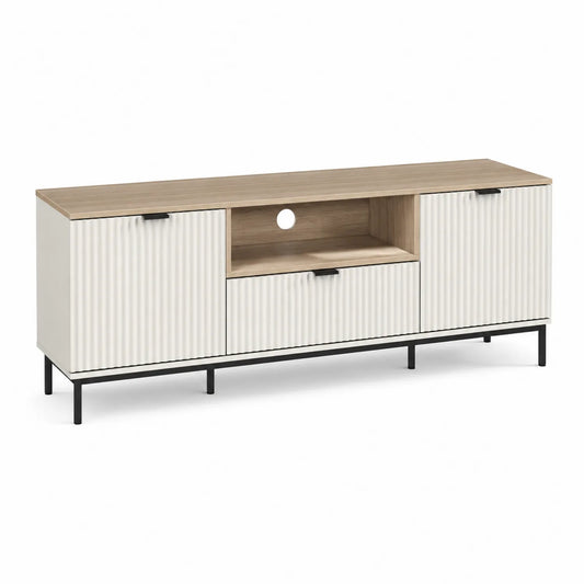 Szafka RTV stojąca 180 x 40 x 50 cm MDF biała ryflowane fronty blat dąb metalowe nogi czarne
