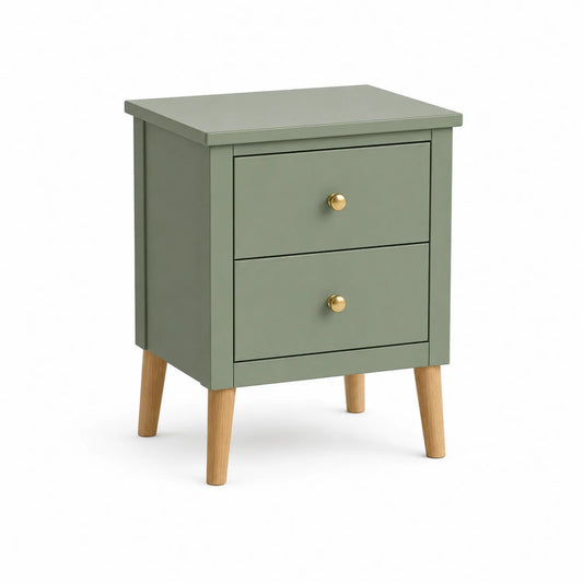 Szafka nocna 40 x 35 x 55 cm MDF zielona z drewnianymi nogami i złotymi uchwytami 2 szuflady prostokątna