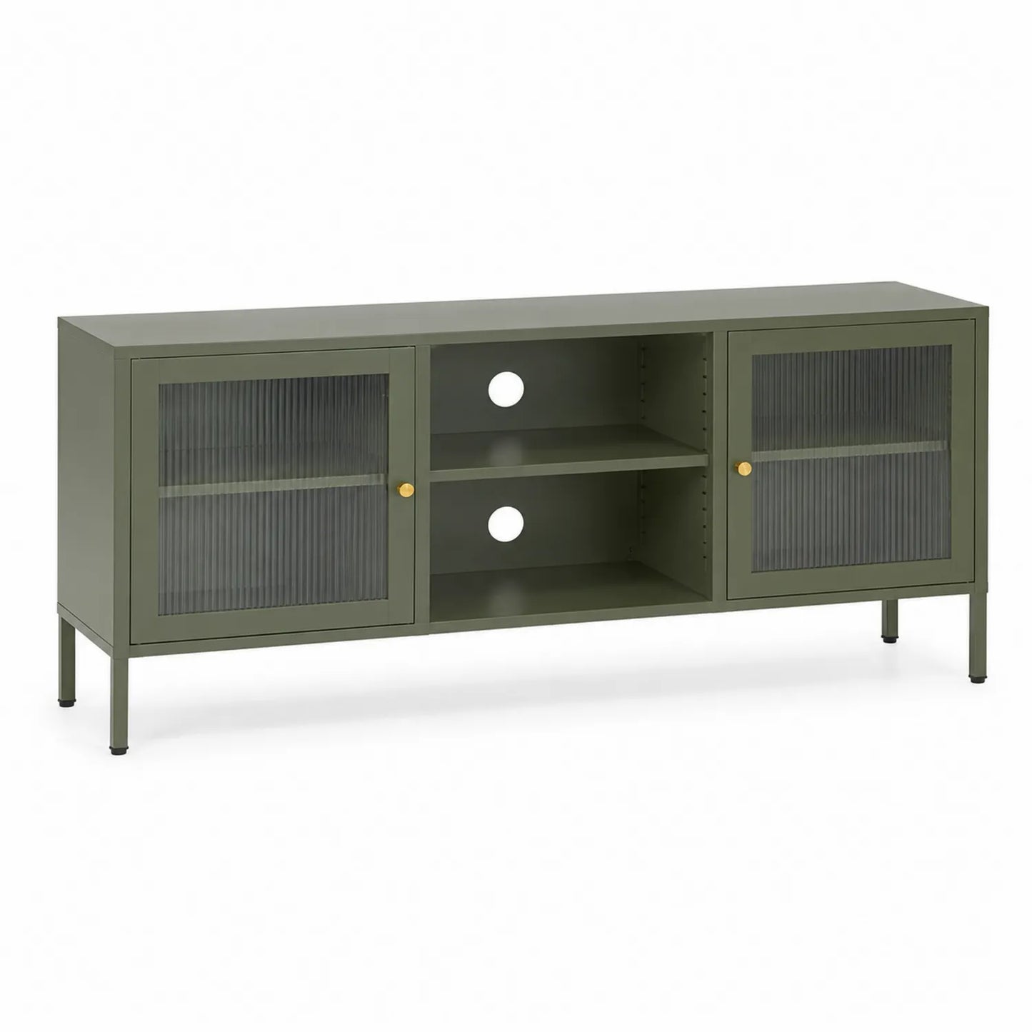 Szafka RTV prostokątna 160 x 40 x 55 cm z MDF oliwkowa z ryflowanym szkłem i metalowymi nogami