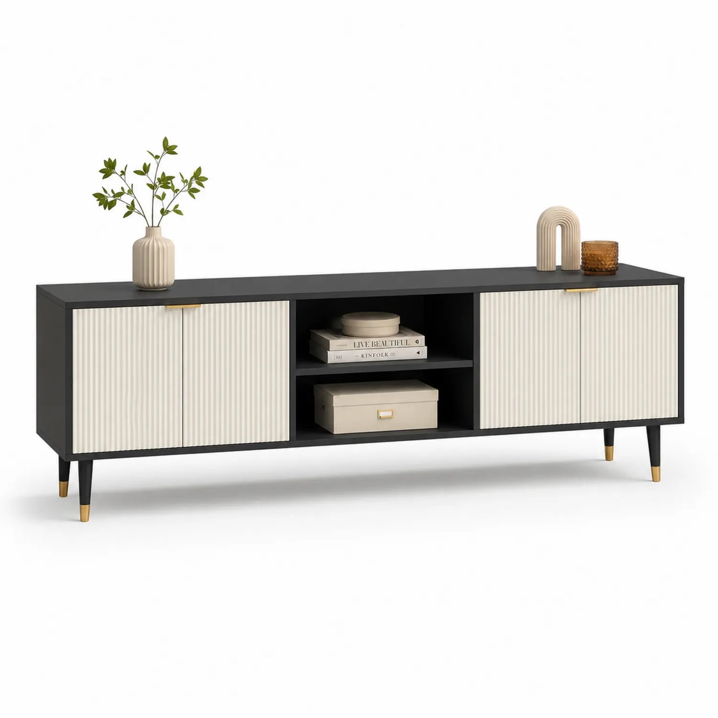 Szafka RTV prostokątna 180 x 40 x 50 cm z MDF czarna z ryflowanymi kremowymi frontami i metalowymi nogami