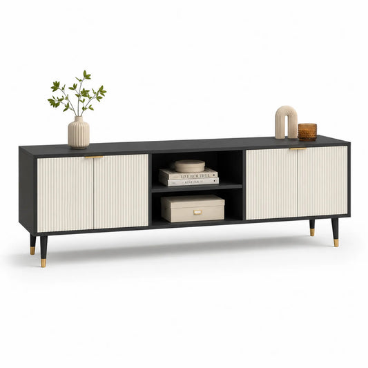 Szafka RTV prostokątna 180 x 40 x 50 cm z MDF czarna z ryflowanymi kremowymi frontami i metalowymi nogami
