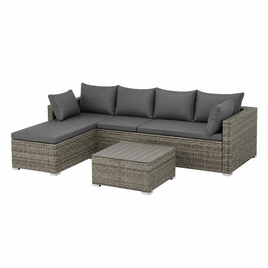 Zestaw mebli ogrodowych sofa narożna z pufą i stolikiem technorattan szary grafitowy 5 osobowy