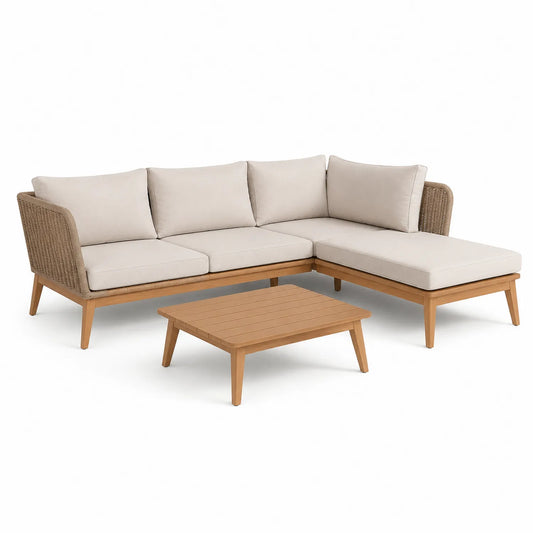 Zestaw mebli ogrodowych sofa narożna L z leżanką i stolikiem kawowym 240 x 180 x 75 cm drewno naturalne beżowe poduszki