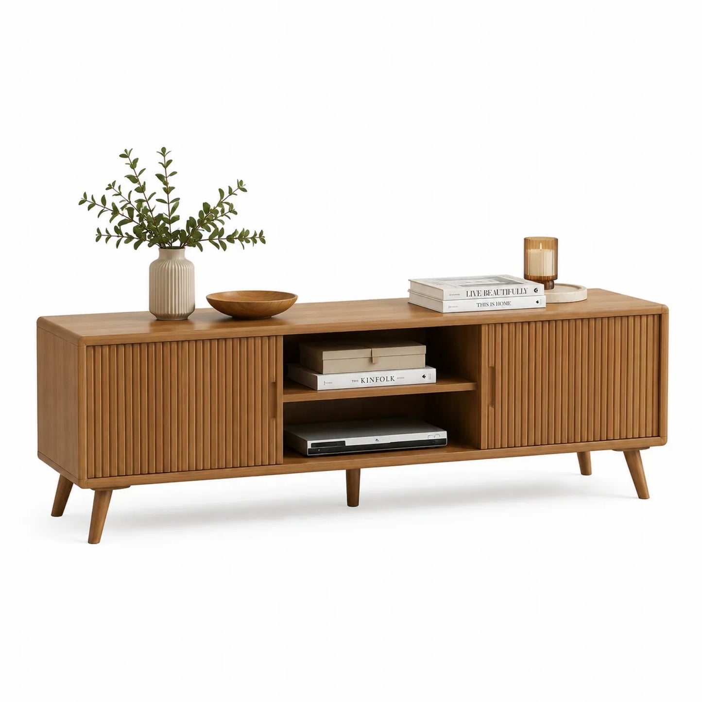 Szafka RTV 200 x 40 x 55 cm MDF dekor dąb naturalny brązowy ryflowane fronty drewniane nogi