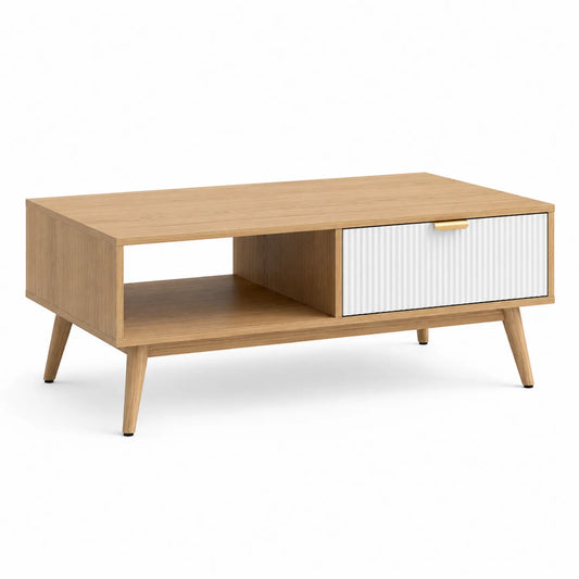 Stolik kawowy 120 cm x 60 cm x 45 cm MDF laminowany dąb naturalny biały szuflada otwarta półka drewniane nogi