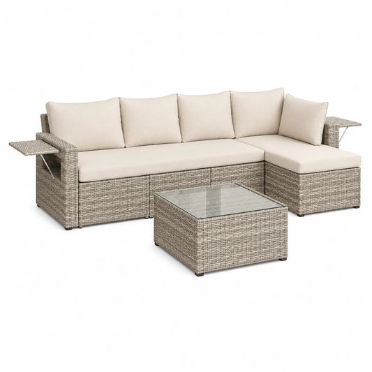 Zestaw mebli ogrodowych narożna sofa L technorattan 220 cm szary beżowy aluminium rattan PE stolik szklany 70x70x35 cm wysuwane stoliki boczne