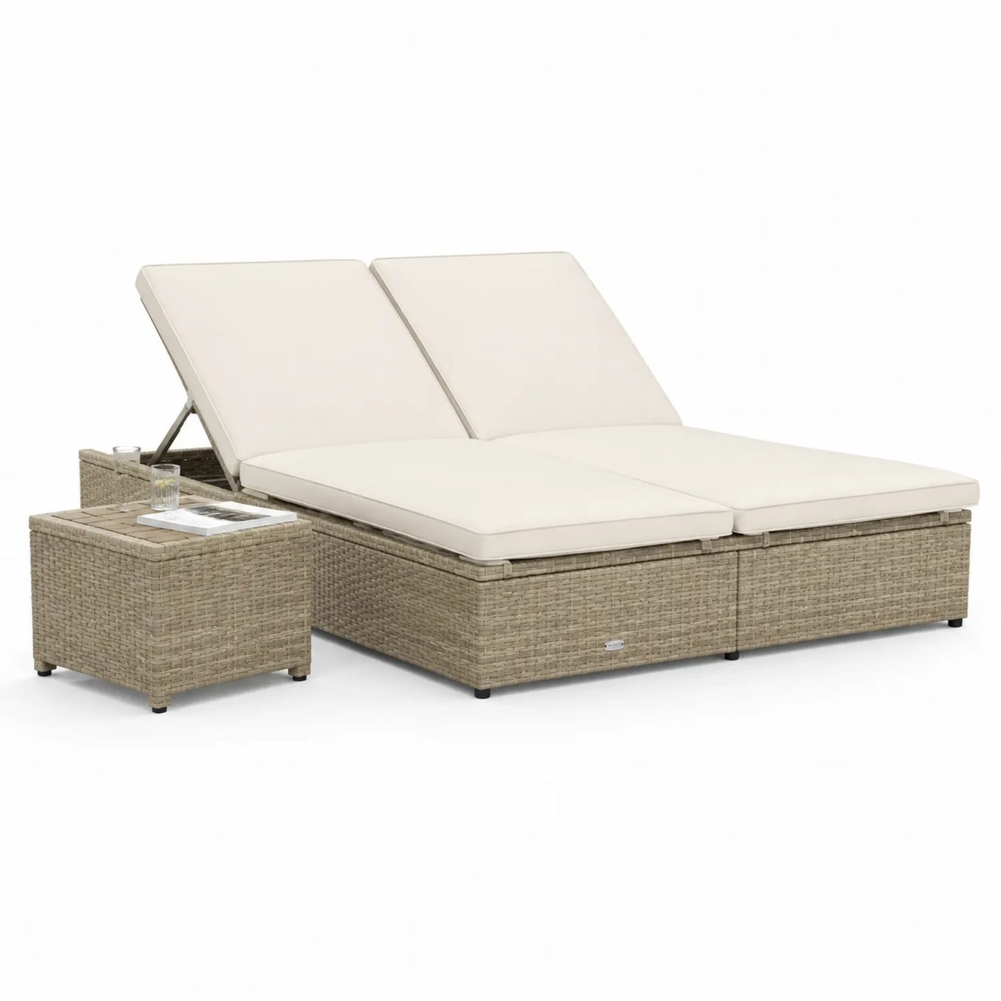 Leżak ogrodowy podwójny 200 cm x 160 cm rattan PE aluminium beżowy z regulowanym oparciem i stolikiem bocznym