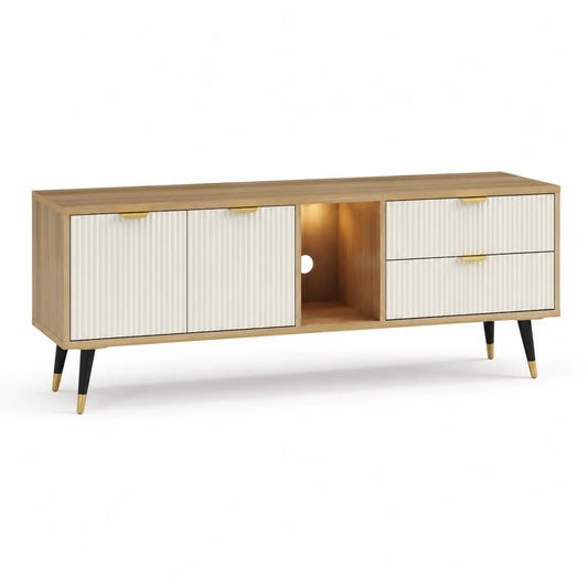 Szafka RTV stojąca 180 x 40 x 50 cm z MDF dąb naturalny kremowe ryflowane fronty czarne metalowe nogi