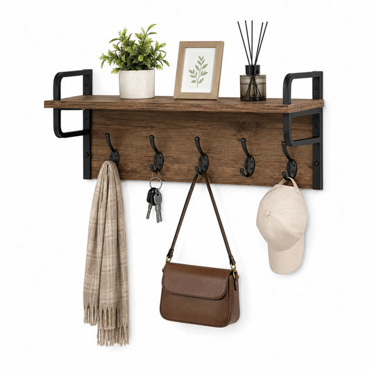Półka ścienna prostokątna z 5 haczykami 80 x 22 x 32 cm MDF dekor dębu brązowa czarna metalowa rama