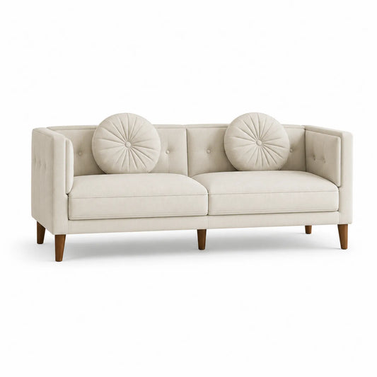 Sofa tapicerowana 3 osobowa 220 x 90 x 85 cm beżowa tkanina z poduszkami dekoracyjnymi