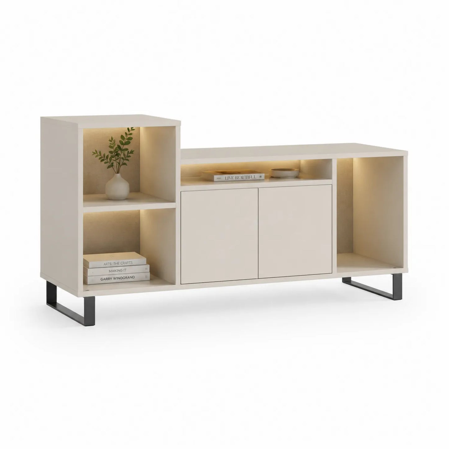 Szafka RTV 180 x 40 x 55 cm płyta MDF i płyta wiórowa laminowana dekor drewna beżowy / naturalne drewno / czarny metalowa podstawa LED prostokątna