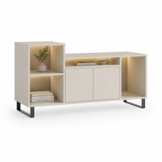 Szafka RTV 180 x 40 x 55 cm płyta MDF i płyta wiórowa laminowana dekor drewna beżowy / naturalne drewno / czarny metalowa podstawa LED prostokątna