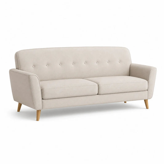 Sofa 3-osobowa 200 cm x 90 cm x 85 cm beżowa tkanina poliestrowa pikowane oparcie drewniane nogi prostokątna