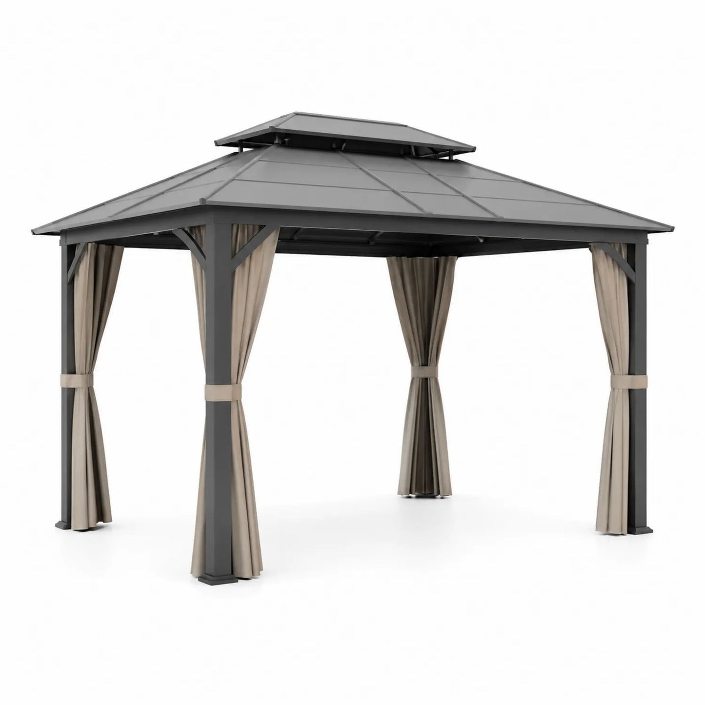 Altana ogrodowa pergola 300x300x250 cm stalowa grafitowa dach metalowy beżowe zasłony