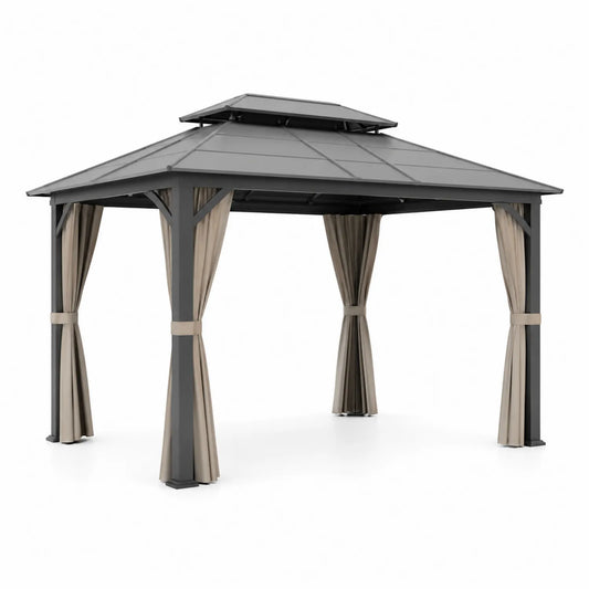 Altana ogrodowa pergola 300x300x250 cm stalowa grafitowa dach metalowy beżowe zasłony