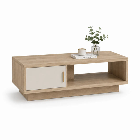 Stolik kawowy 110 cm x 55 cm x 40 cm MDF laminowany prostokątny dąb naturalny biały szuflada otwarta półka