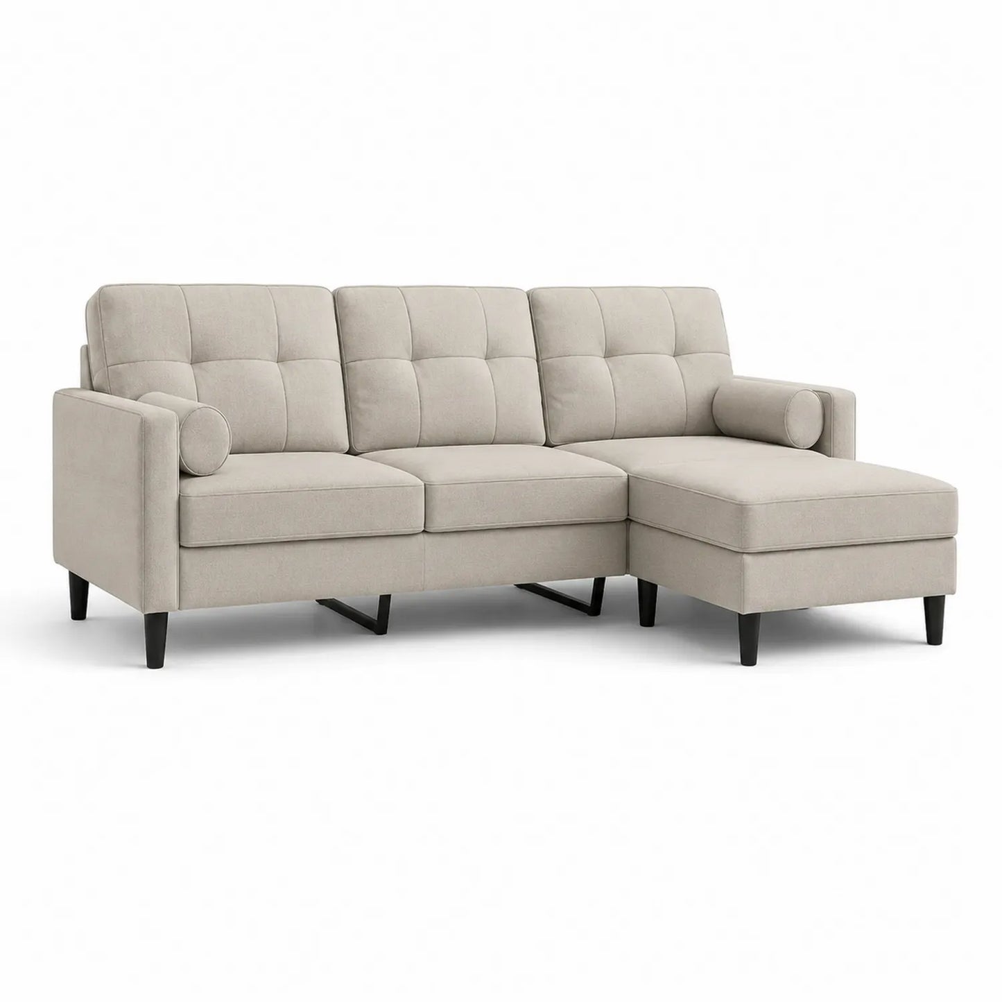 Sofa narożna z szezlongiem 230 x 150 x 85 cm tkanina poliestrowa beżowa czarne nogi szezlong po prawej stronie